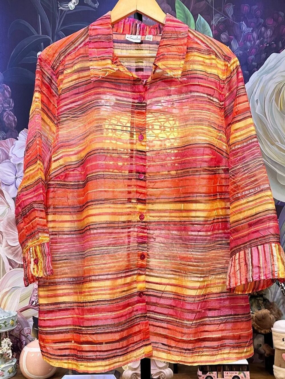 Kim Rogers 2X Sheer Stripe Button Blouse 3/4 Sleeve Boho Chic Artsy Retro Pink